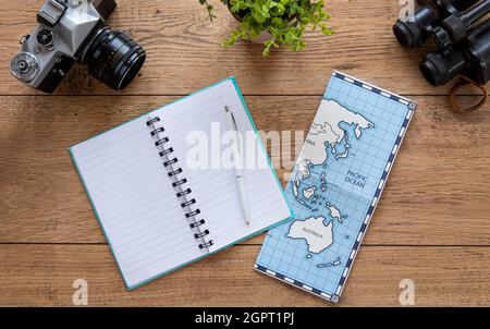 Flat lay tourism items assortment Stock Photo