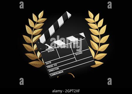 Cinema Award Concept. Movie Slate Clapper Board with Gold Laurel Wreath Winner Award on a black background. 3d Rendering Stock Photo