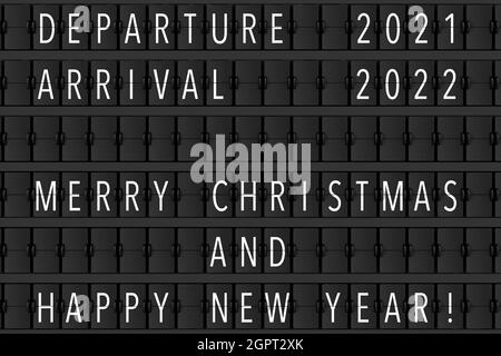 Airport Announcement Flip Mechanical Timetable with Hapy Merry Christmas and Happy New 2022 Year Sign extreme closeup. 3d Rendering Stock Photo