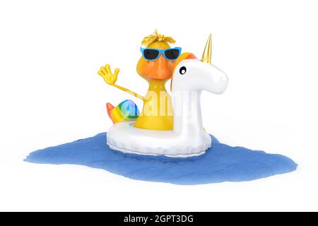 Cute Yellow Cartoon Duck Person Character Swimming with Summer Swimming Pool Inflantable Rubber Unicorn Toy on a white background. 3d Rendering Stock Photo