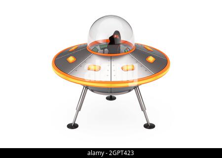 Cute Spaceship Cartoon Ufo on a white background. 3d Rendering Stock Photo
