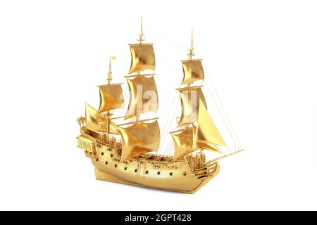 Golden Vintage Tall Sailing Ship, Caravel, Pirate Ship or Warship on a white background. 3d Rendering Stock Photo