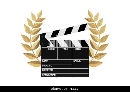 Cinema Award Concept. Movie Slate Clapper Board with Gold Laurel Wreath Winner Award on a white background. 3d Rendering Stock Photo