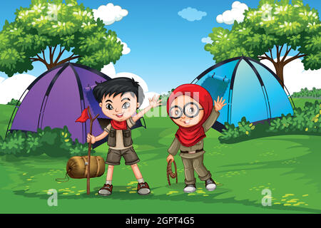 Boy and girl scout camping in forest Stock Vector