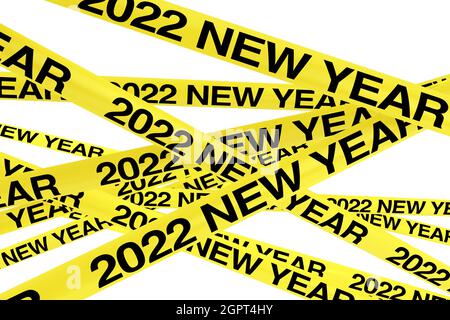 Caution Yellow Tape Strips with 2022 New Year Sign on a white background. 3d Rendering Stock Photo