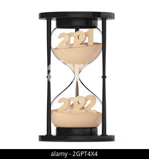 New 2022 Year Concept. Sand Falling in Hourglass Taking the Shape from 2021 to 2022 year on a white background. 3d Rendering Stock Photo