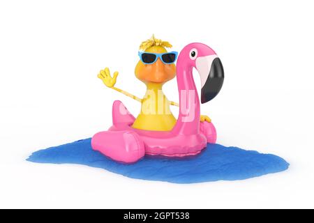 Cute Yellow Cartoon Duck Person Character Swimming with Summer Swimming Pool Inflantable Rubber Pink Flamingo Toy on a white background. 3d Rendering Stock Photo