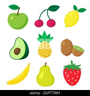 Set of vector fruits and berries. Cartoon flat style. Apple, cherry, lemon, avocado, pineapple, kiwi, banana, pear and strawberry. Print for recipes Stock Vector