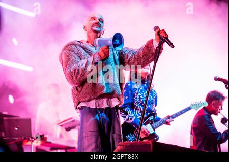 Manchester, UK. 04th September 2021. Manchester band James headline day 1 of NBHD Weekender in place of Ian Brown 2021-09-04. Credit:  Gary Mather/Ala Stock Photo