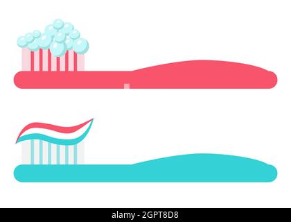 Set of toothbrushes. Brush with paste and with foam. Vector illustration in cartoon flat style. Dental and oral care concept. Teeth hygiene. Print for Stock Vector