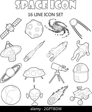 Space icons set in outline style Stock Vector