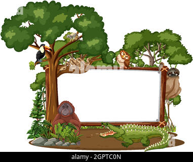 Empty banner with wild animals and rainforest trees on white background ...