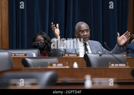 Washington, United States. 30th Sep, 2021. Representative Gregory W. Meeks (D-NY) questions Treasury Secretary Janet Yellen and Federal Reserve Chairman Jerome Powell during a House Financial Services Committee hearing on oversight of the Treasury Department and Federal Reserve coronavirus pandemic response on Capitol Hill in Washington, DC on Thursday September 30, 2021. Photo by Sarah Silbiger/UPI Credit: UPI/Alamy Live News Stock Photo