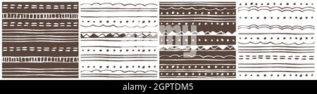 Group of Border doodle hand drawn seamless patterns, backgrounds with abstract elements lines, dots, triangles. Set of vector white brown fall winter Stock Vector