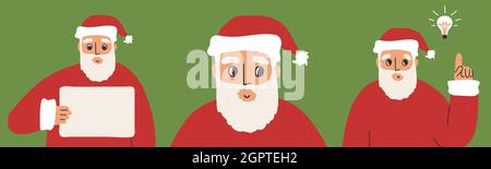 Set of Santa Claus concepts. New idea, announcement, portrait elements for Christmas design. Vector isolated illustrations on green background. Stock Vector