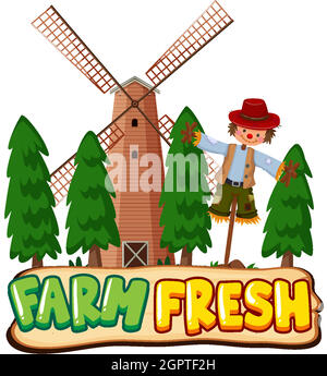 Font design for word farm fresh with scarecrow and windmill Stock Vector