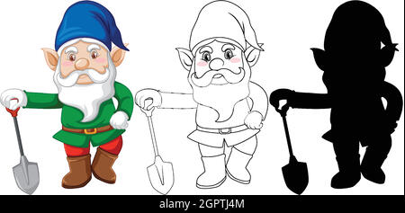 Gnome with shovel in color and outline and silhouette in cartoon character on white background Stock Vector