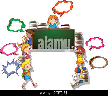 Children reading books and writing on board Stock Vector