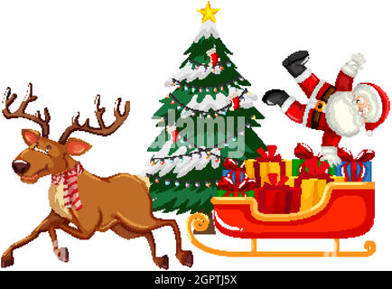 Santa Claus with raindeer and sleigh on white background Stock Vector