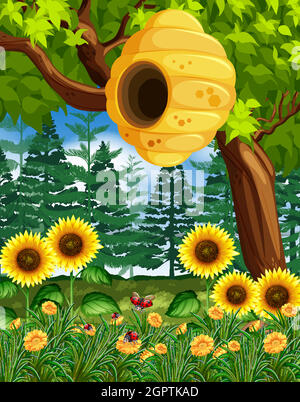 Scene with beehive on the tree Stock Vector