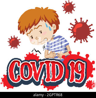 Font design for word covid-19 with sick boy on white background Stock Vector