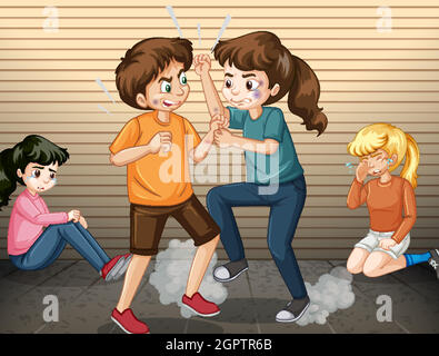 Domestic violence scene with people fighting Stock Vector