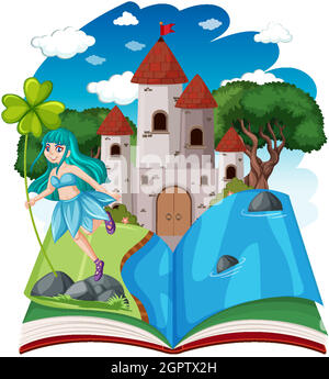 Fairy tales and castle tower on pop up book cartoon style on white background Stock Vector