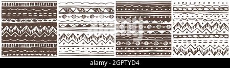 Collection of hand drawn doodle seamless patterns backgrounds with abstract elements zigzag lines, dots, triangles. Brown white fall winter Merry Chri Stock Vector