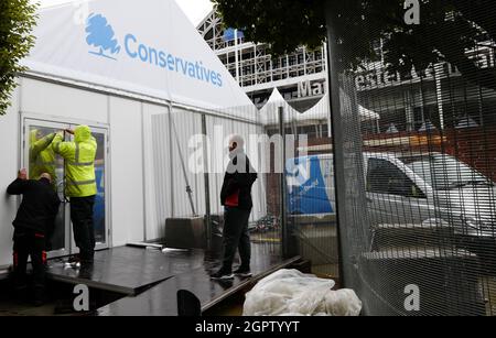 Manchester, UK. Sept 30 2021: Security for the Conservative Party Conference 2021. At ‘Manchester Central' in Manchester UK. Delegates will be staying at the Midland Hotel.The conference will be a hybrid with a virtual platform available. The Conference is to take place between 3rd and 6th of October with Multiple protests arranged . Picture credit: garyroberts/worldwidefeatures.com Credit: GARY ROBERTS/Alamy Live News Stock Photo