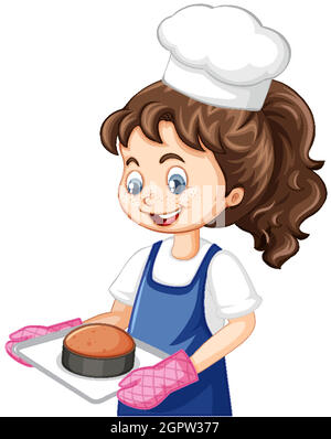 Chef girl wearing chef hat holding baking tray Stock Vector