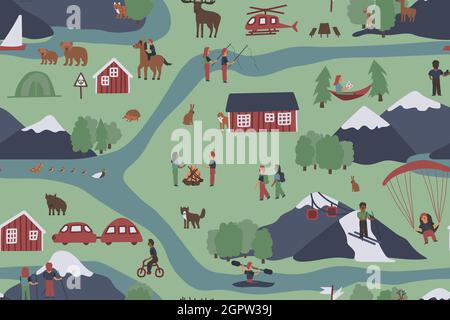 Forest activities seamless pattern. Vector hand drawn cartoon people, families spend time near river mountains trees animals. Paragliding bonfire Stock Vector