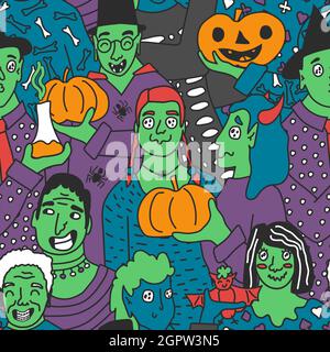 Halloween party of green skin people seamless pattern. Vector illustration of zombies in costumes with strange eyes. Stock Vector