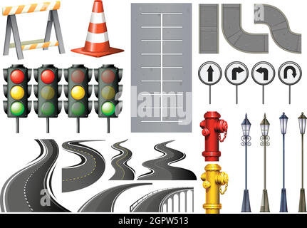 Different items and safety equipment for traffic Stock Vector