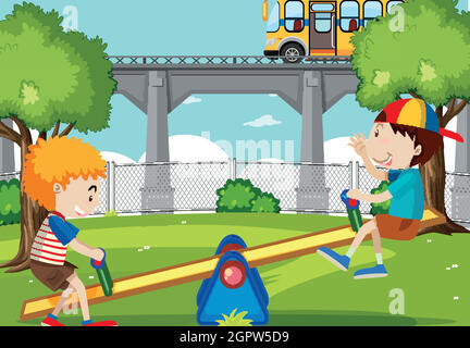 Boys playing seesaw in the park Stock Vector