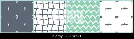 Sea horses, sharks, fishing net and waves seamless patterns. Vector cartoon set of underwater ocean, sea illustrations in blue, green, white colors Stock Vector