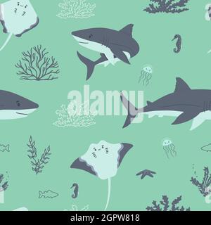 Cute sharks, seahorse, stingray, jellyfish corals, fish, algae seamless pattern. Vector illustration on aquamarine background, blue colors of underwat Stock Vector