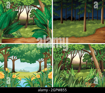 Four forest scenes at day and night Stock Vector