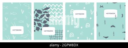 Modern abstract set of blue sea ocean covers designs. Cute simple geometric backgrounds vector illustrations for notebooks, planners, books, brochures Stock Vector