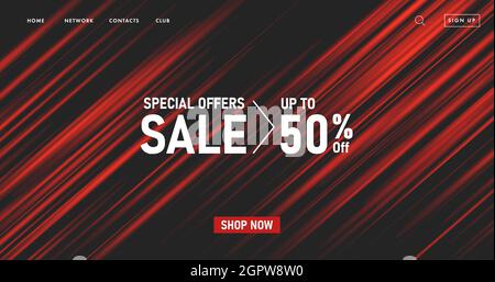Sale web banner with abstract backdrop of red stripes creating texture in dark space Stock Vector