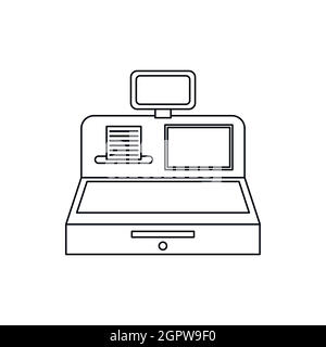 Cash register with cash drawer icon, outline style Stock Vector