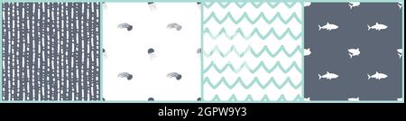 Cute simple Waves, bubbles, sharks, jellyfish. Set of four Vector silhouette seamless patterns in white blue colors Stock Vector
