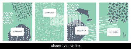 Abstract vector covers set with sea ocean motives and animals. Geometric flat background design illustration for notebooks, planners, brochures, books Stock Vector