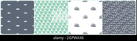 Sea or ocean fish, waves, corals seamless patterns. Set of vector simple monochrome silhouette illustrations for apparel, paper and wallpaper backgrou Stock Vector