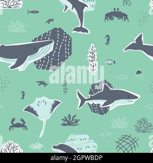 Cute whale, shark, stingray, seahorse, crab, fish, dolphin animals and corals, algae seamless pattern. Collage, Cut paper effect on green background Stock Vector