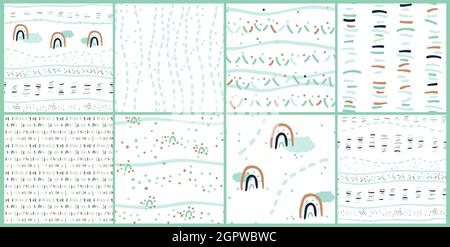Set of eight sweet cute abstract brown blue green seamless patterns of clouds, rainbow lines, dots on white background collection Vector illustration Stock Vector