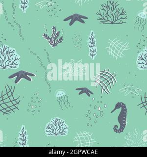 Cute jellyfish, starfish seahorse, algae, corals, underwater bubbles seamless pattern. Collage, Cut paper effect in green, blue colors Stock Vector