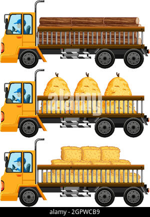 Set of tow truck carrying hay isolated background Stock Vector