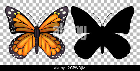 Butterfly and its silhouette on transparent background Stock Vector