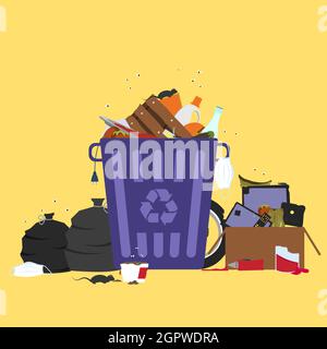 Large trash bin overflowing garbage (rotten fruit, old tires, used masks surgical, packing of plastic, metal and glass). Trash fallen to the ground. R Stock Vector