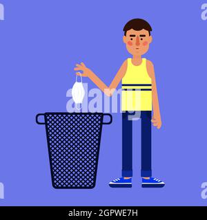Boy throwing used surgical mask in the trash. Stock Vector